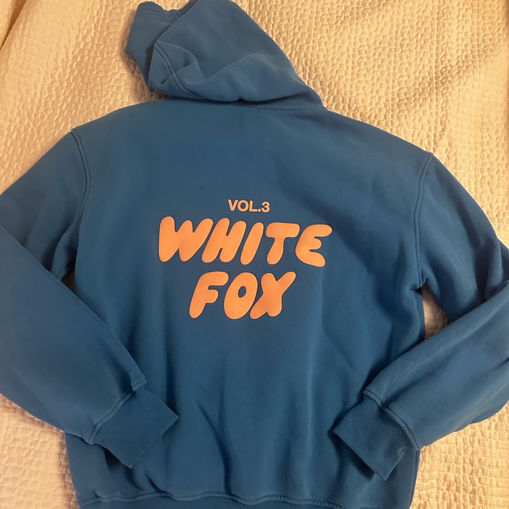 White Fox Boutique Blue Hoodie with Orange Print